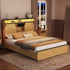 Full/Queen LED Platform Bed Frame with Storage Headboard & 2 Drawers & USB Ports