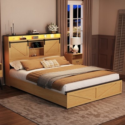 Full/Queen LED Platform Bed Frame w/ Storage Headboard & 2 Drawers & USB Ports