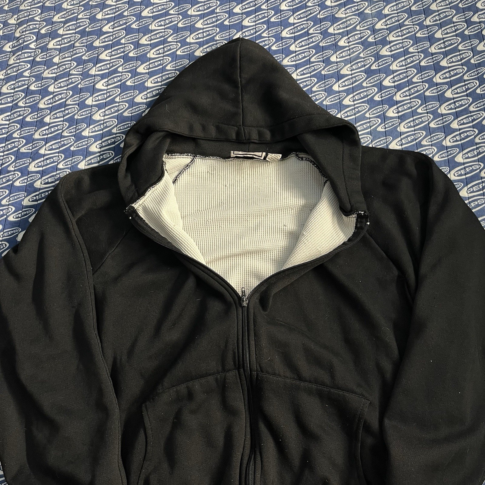 80s 90s Vintage Zip Up Hoodie Sweatshirt Thermal Waffle Lined Boxy Black Size XL