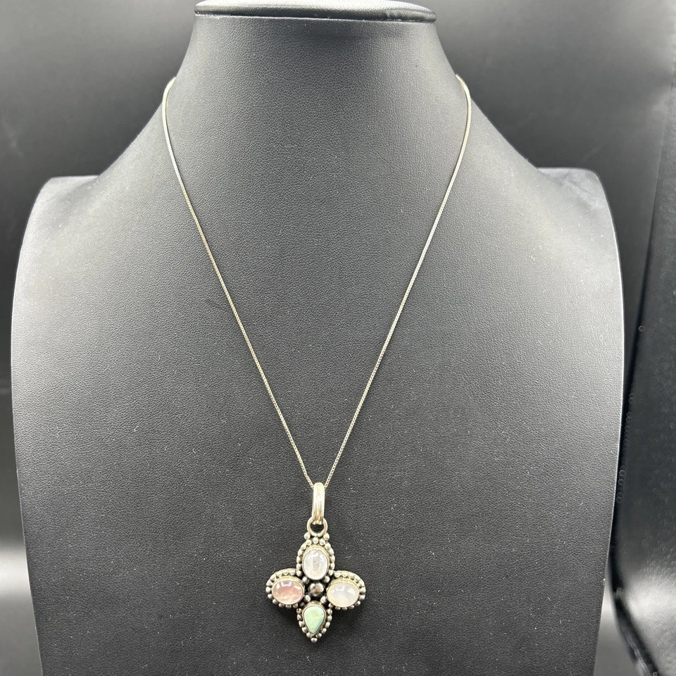 Gemstone Moonstone Turquoise Cross Sterling Silver 925 Pendant Necklace 17.5”L - Image 2 of 4