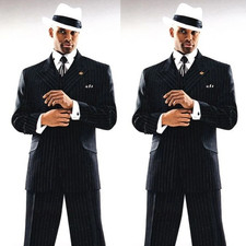 Navy Blue Men's Striped Suit Peak Lapel Formal Wedding Groom Tuxedos Blazer Pant