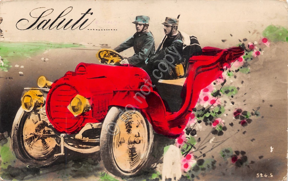 Cartolina Soldati su auto colorata spedita da Torino 1916