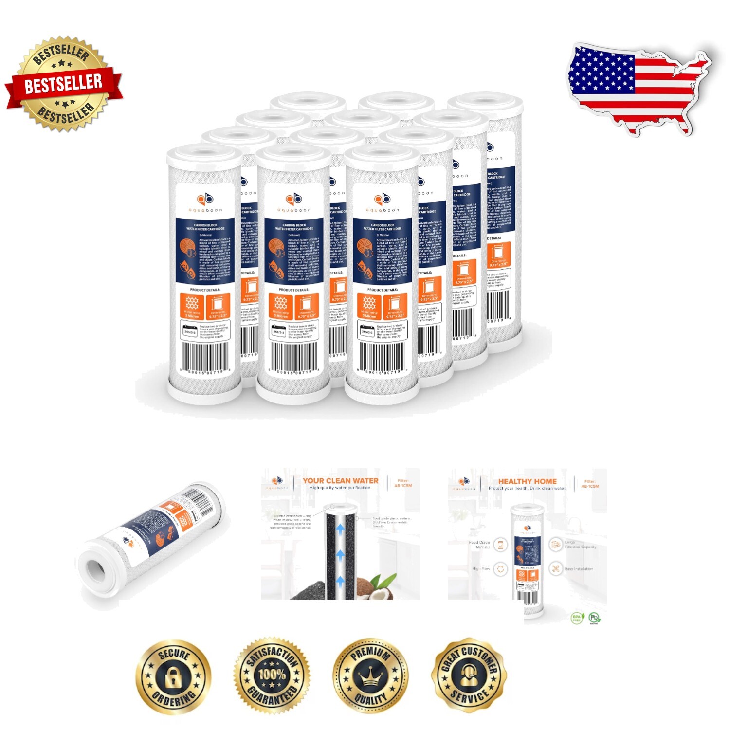 NSF Certified 5 Micron Water Filter Replacement - 12 Activated Carbon Cartridges