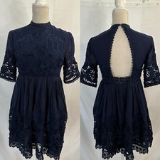 Free People Navy Crochet Lace Embroidered Shift Dress Size XS Sheer