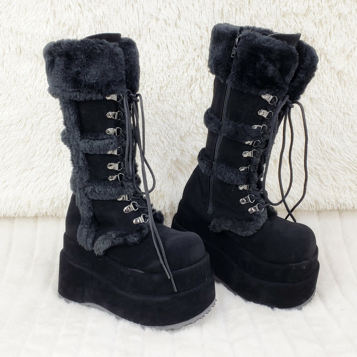 Bear 202 Black Faux Fur / Suede Platform Goth Punk Calf Bear 202 Black Faux Fur / Suede Platform Goth Punk Calf