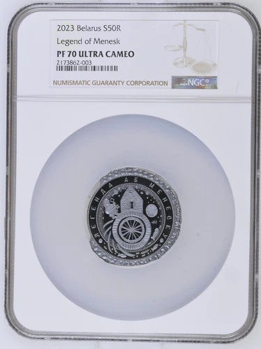 Belarus 2023 Legend Menesk Minsk Pair 50 and 1 Rouble NGC PF70 and PF69 UC COA