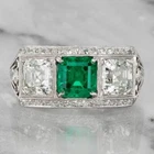Art Deco Style Emerald &Lab Created Diamond 925 Silver Three Stone Wedding Ring