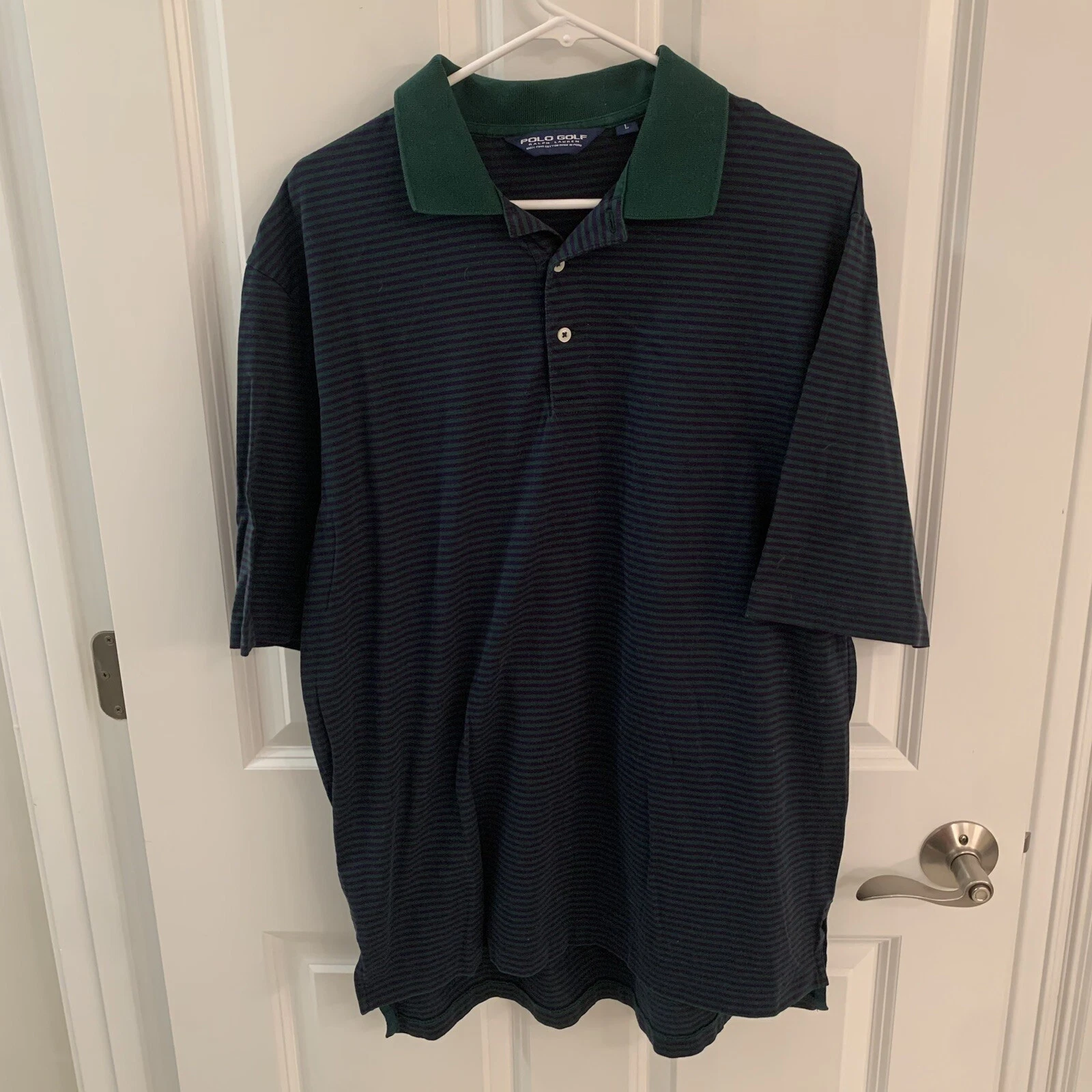 Polo Golf Ralph Lauren Men L Polo Shirt Green Blue Striped Short Sleeve RL PRL