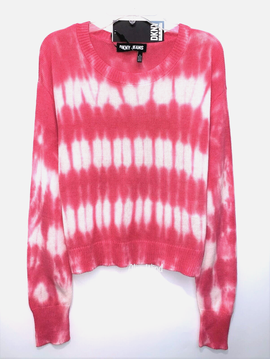 DKNY Jeans Womens Long Sleeve Crew Neck Pink White Tie Dye Crop Sweater  NWT$79