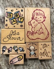 Lot Of 7 Baby Shower Wood Rubber Ink Stamps Various Manufacturers Baby Rattles