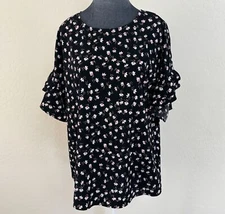 Pleione Black Floral Ruffle Sleeve Pullover Blouse. Size M 