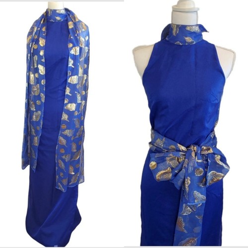 Vintage Formal Hostess Dress Royal Blue Chiffon Gold Leaf Scarf XS Floor Length