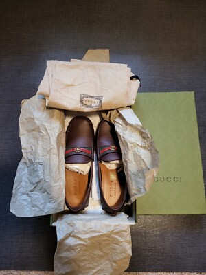 GUCCI Mens Aryton Web Stripe Brown Leather Moccasins 648039  display picture 3