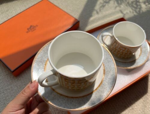 Hermes Platin Intarsien Mosaik Serie Bone China Kaffeetasse und Untertasse Set - Bild 3 von 6