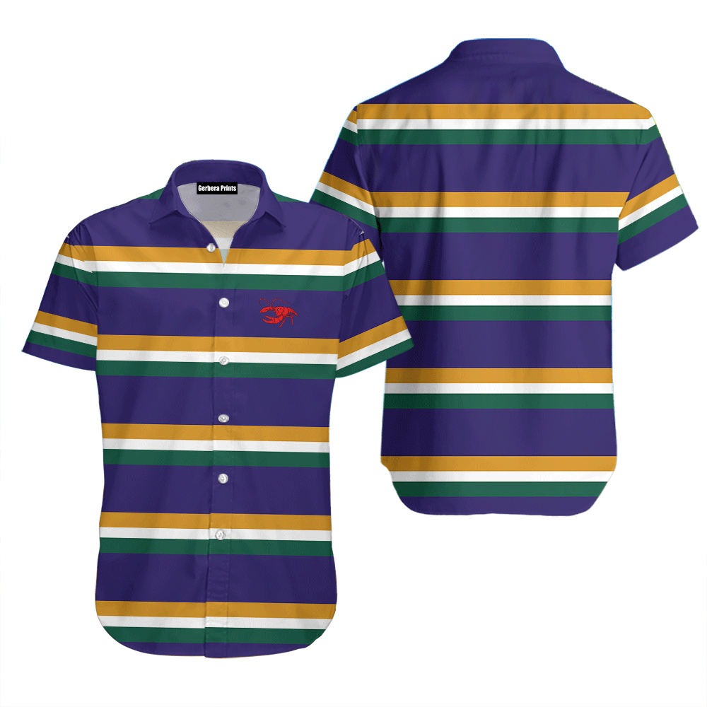 Stripe Lines Crawfish Purple Ground Stripe Mardi Gras Rugby Blue Hawaiian Shirts