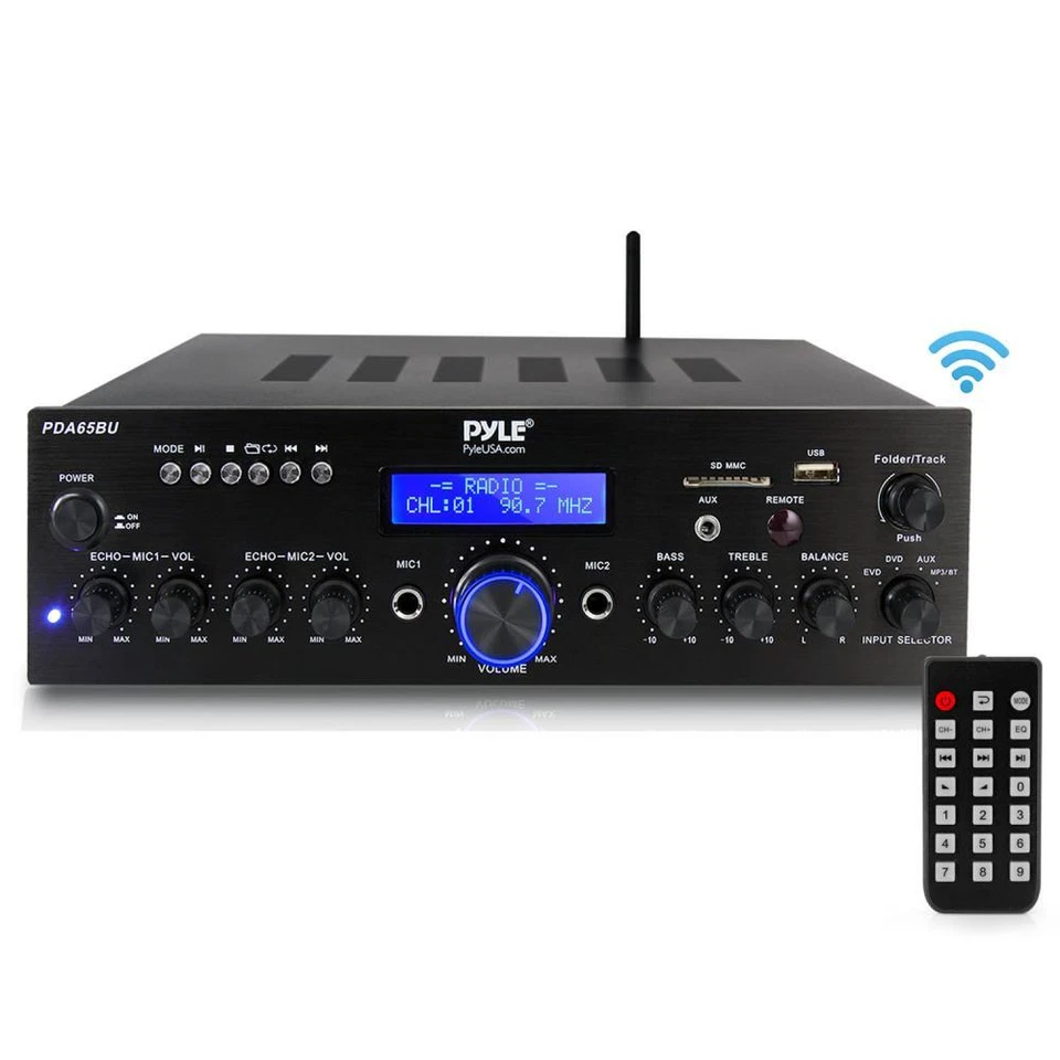 Pyle PDA65BU Compact Amplifier Receiver, Wireless Microphone System w/ 2 Mics - Image 2 of 4