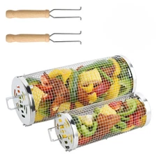 Rolling Grill Baskets 2pcs Removable Wooden Handle 304 Stainless Steel Barbecue