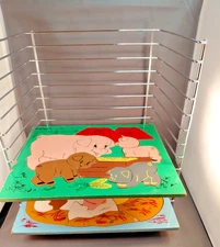 Vintage Silver Metal Puzzle Storage Rack  + 2 Playskool Puzzles Chickens Pigs VG