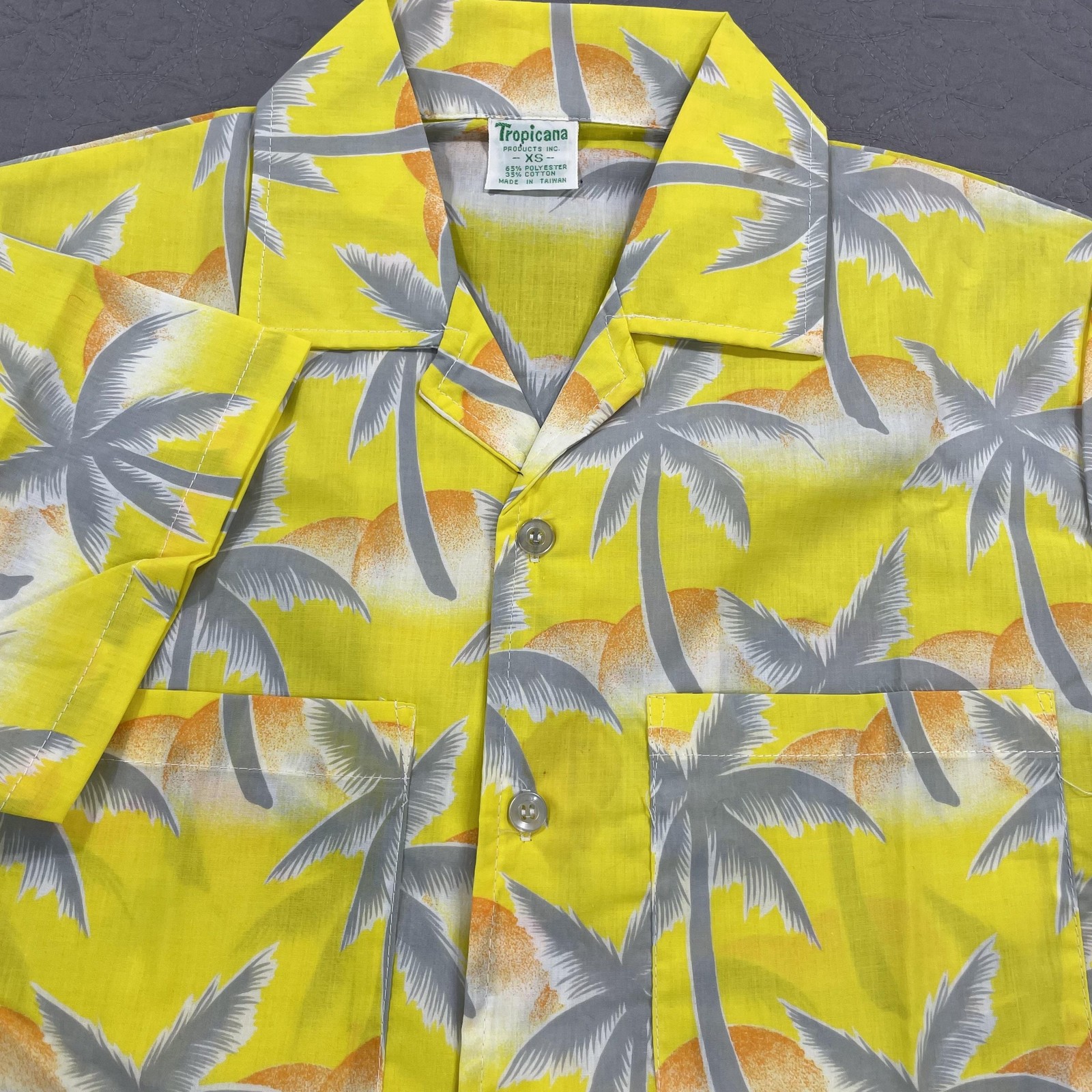 Vintage Tropicana Shirt Mens XS Yellow Palm Tree Hawaiian Button Up Beach 80s