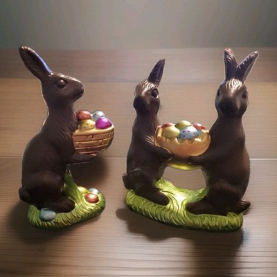 2 Pc Lot Easter Faux Chocolate Bunny Rabbit Holding Basket Eggs Figures Standing