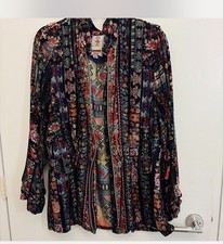 Johnny Was Velvet Kimono Jacket Blouse Multicolor Collared Long Sleeve Button L