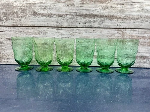 6 Seneca Glass  Green Driftwood Casual Crinkle Footed Water Tumblers Beautiful