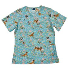 Disney Bambi Thumper Flower Scrub Top Blue Medical Uniform Small W47