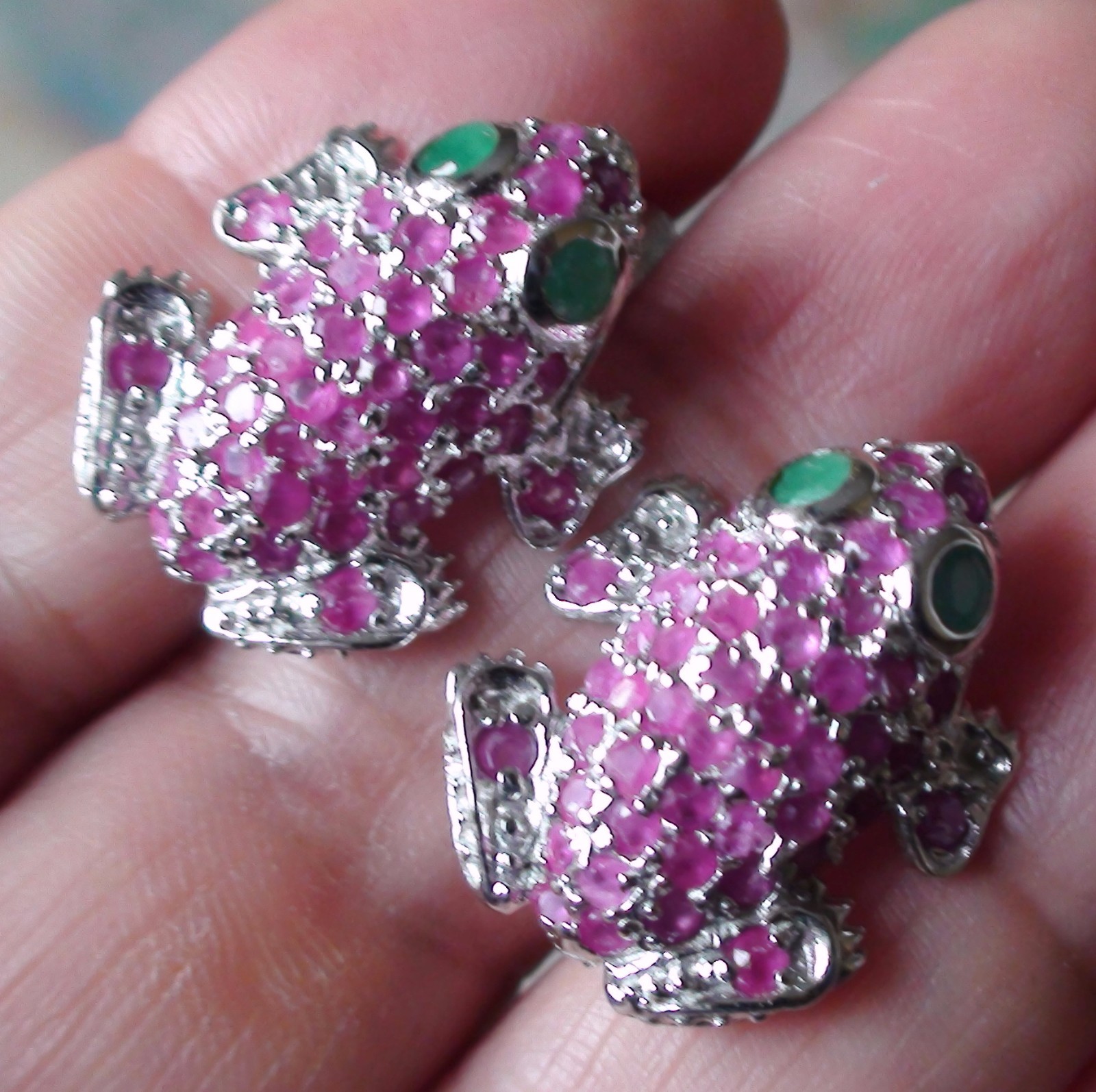 BIG! FROG SHAPE NATURAL RUBY,EMERALD EARRINGS 925… - image 4