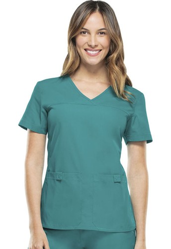 Cherokee 2968 Women V-Neck Knit-Panel Top Teal Blue 5XL