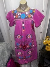 Vtg MEXICAN Festival Fiesta Pink Embroidered MAXI DRESS Cotton Size Small