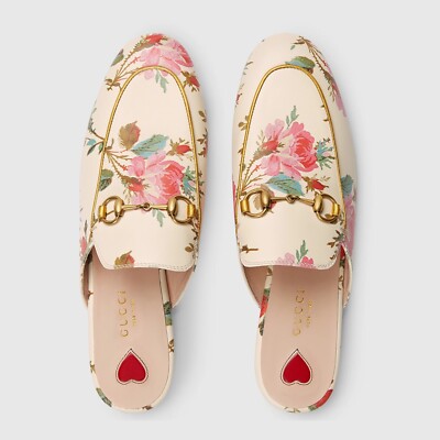 $990 Gucci Made in Italy Calfskin Stamp Allover Rose Princetown Mules Slides 6