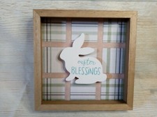 New "Easter Blessings" Bunny Box Frame Sign Spring Plaid Table Decor Mantel Tray