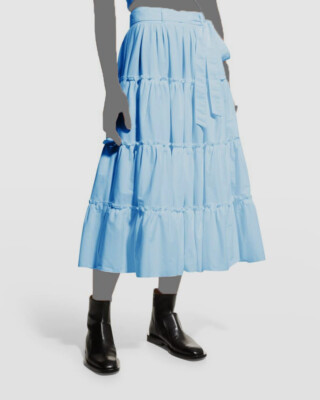 $295 Cinq à Sept Women's Blue Jackie Belted Waist Ruffled A-Line Skirt Size 0