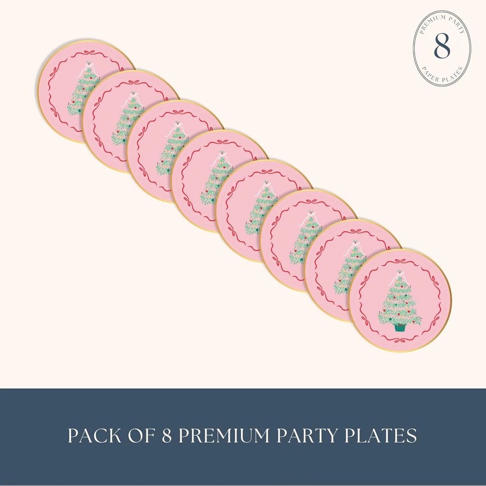 Platos de postre de fiesta de papel de árbol de Navidad rosa | Tamaño de postre desechable | Premi Foto 2 de 4