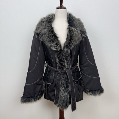VTG Tribal Jacket Womens 6 Black Denim Faux Fur Trim Y2K Retro Bratz Maximalist