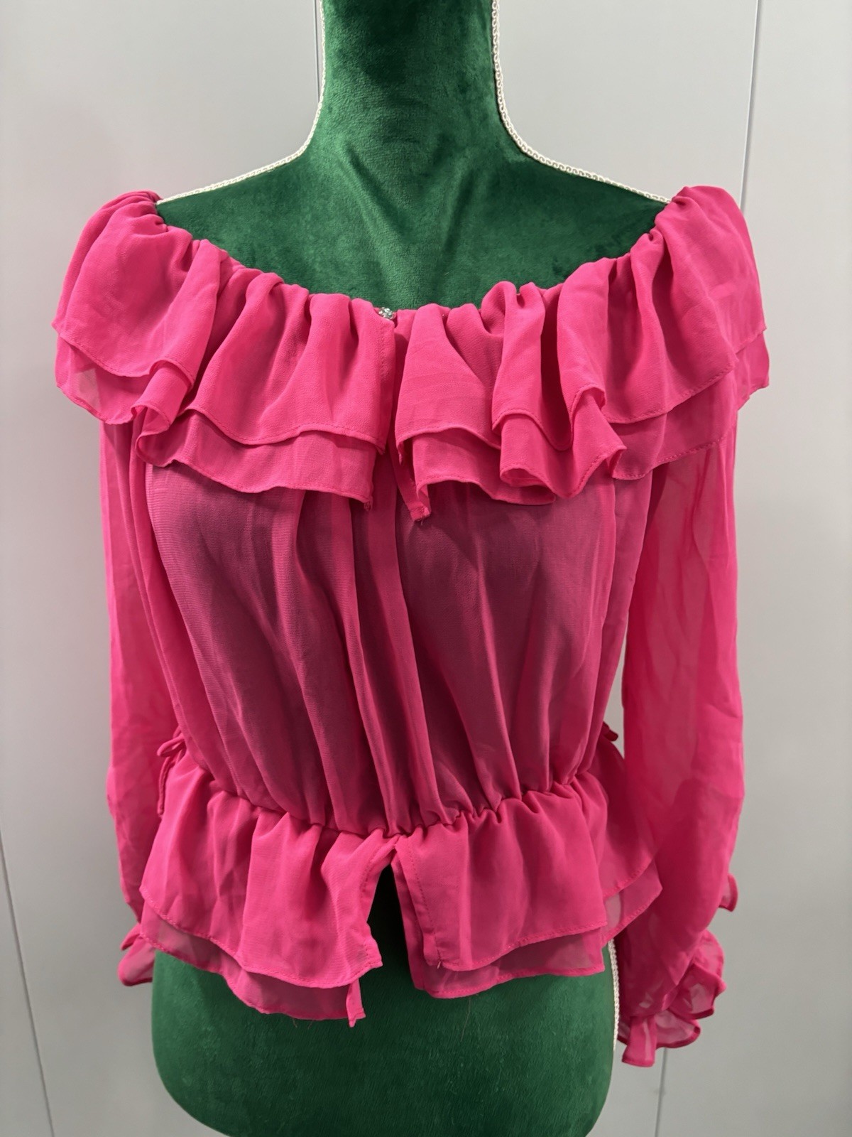 Zara Blouse Women's XS Pink Button Up Ruffle Long Sleeve Chiffon Sheer Shirt