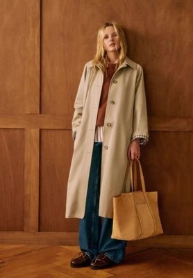 SEZANE Clyde Organic Cotton Beige Plaid Lined Oversized Trench Coat