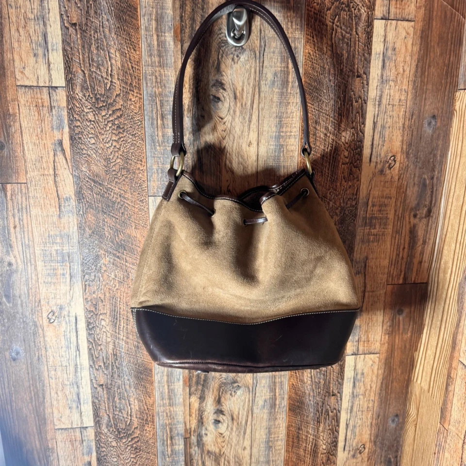 Lands' End Suede & Leather Bucket Bag Drawstring Shoulder Bag Purse - Image 4 of 4