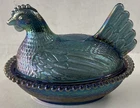 Vintage Indiana Hen On The Nest Blue Iridescent Carnival Glass