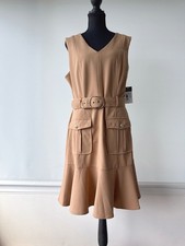 Tahari ASL Womens 12 Tan Belted Utility Dress NWT Sleeveless Flounce Hem