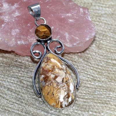 925 Silver Plated Long Brecciated Mookaite Tiger Eye Pendant 2.3'' GW