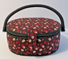 VINTAGE Padded Fabric Apple Pattern Sewing Basket Box w/ Wicker Handle & Accents