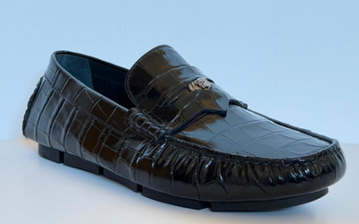 VERSACE Croc-Effect Men's Leather Driver Shoes Black 8 US (41) 1013960 NIB $850