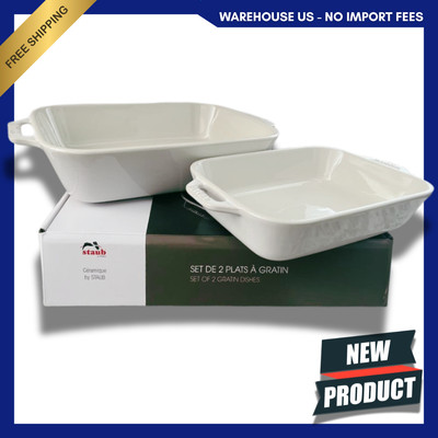 NEW STAUB STONEWARE 2pc Rectangular Baking Dish Set, light pink | white,FREESHIP
