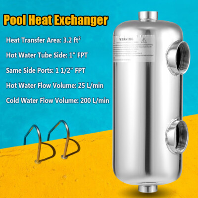 Tube And Shell Heat Exchanger 135 kBtu/hour SS304 Same Side 1'' + 1 1/2''FPT