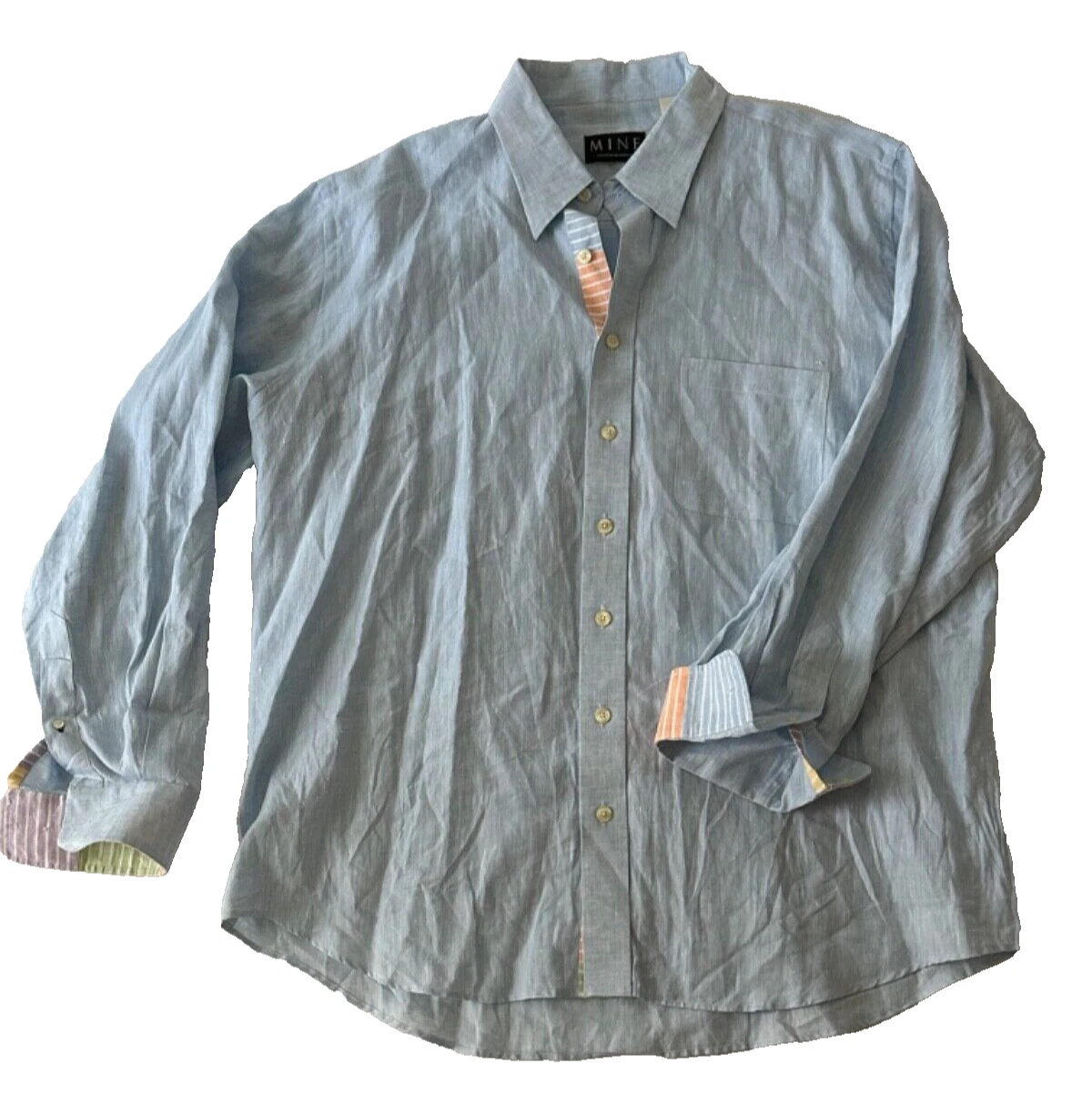 Mine Men's XL Button Up Shirt 100% LINEN LS Stripe Cuffs London Milan New York