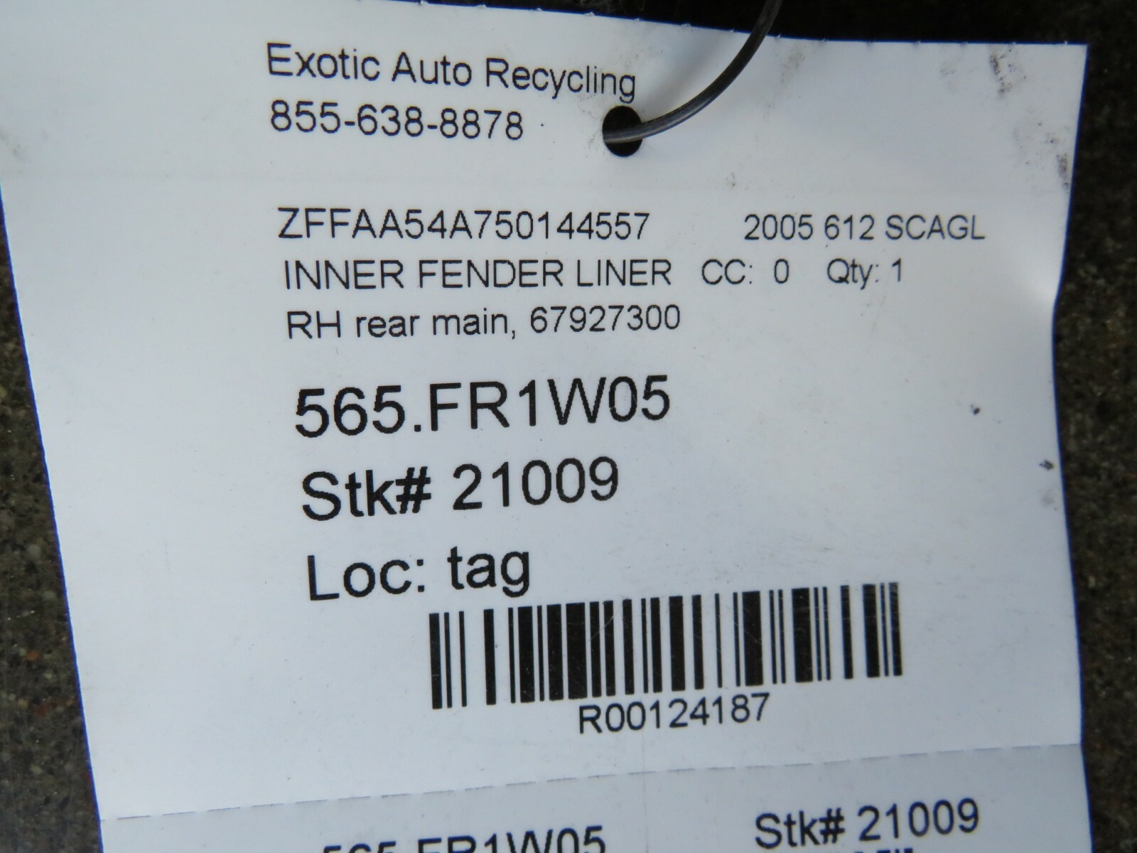 Ferrari 612 Scaglietti, RH, Rear Main Inner Fender Liner, Used, P/N 67927300