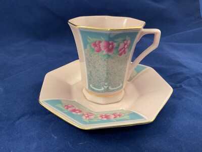 vintage Czech pink porcelain demitasse cup and saucer by Leander 1946