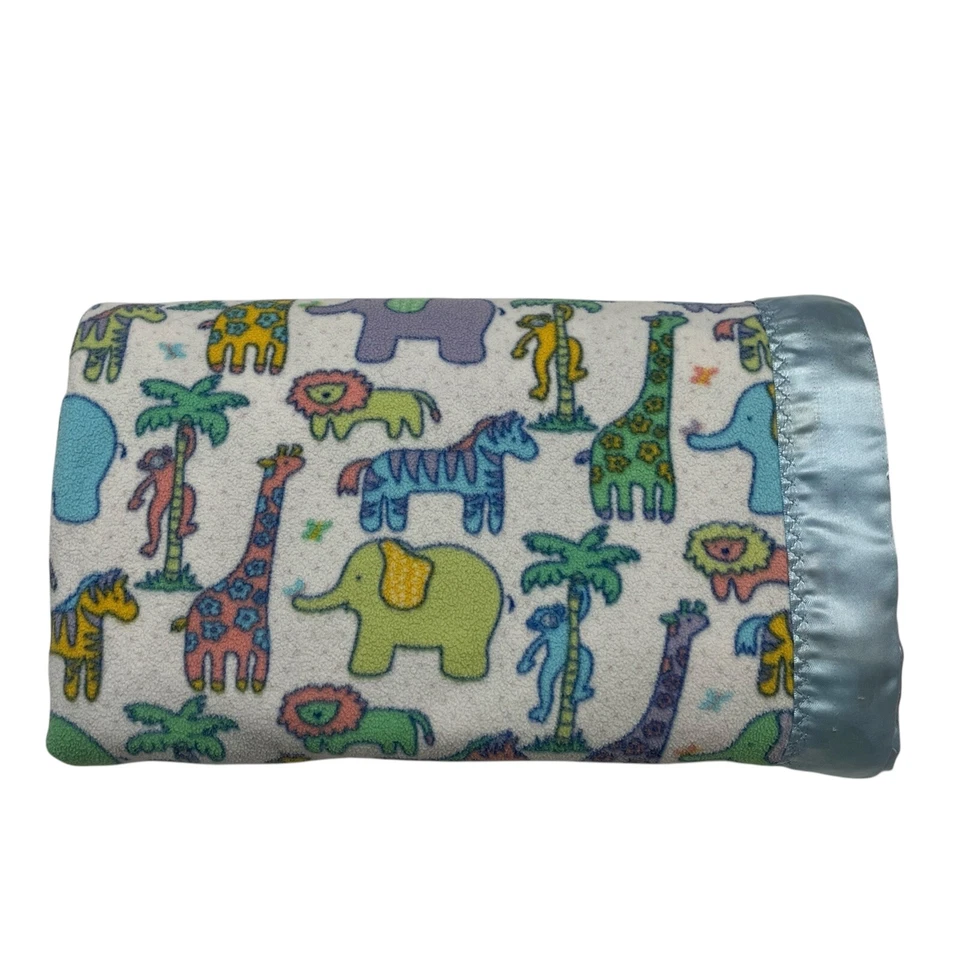 Cobertor vintage com acabamento de cetim bebê menino estampa de animal azul zoológico macaco elefante - Imagem 2 de 4