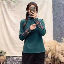 Mujeres Retro Étnico Térmico Bordado Camisas Prendas para el torso Blusa Cuello Tortuga Camisetas